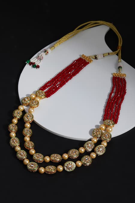 Shop Ruby Raang Red Kundan Embellished Layered Long Necklace at Aza Fashions Shop_Ruby Raang_Red Kundan Embellished Layered Long Necklace _at_Aza_Fashions