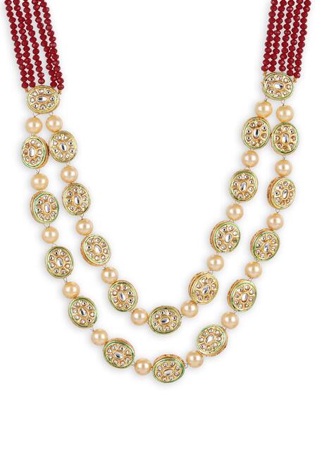 Ruby Raang Red Kundan Embellished Layered Long Necklace Online at Aza Fashions Ruby Raang_Red Kundan Embellished Layered Long Necklace _Online_at_Aza_Fashions