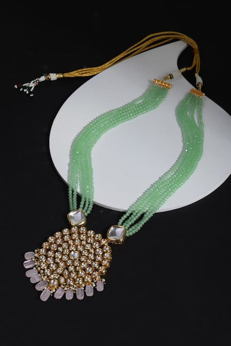 Shop Ruby Raang Green Carved Kundan Pendant Necklace at Aza Fashions Shop_Ruby Raang_Green Carved Kundan Pendant Necklace _at_Aza_Fashions