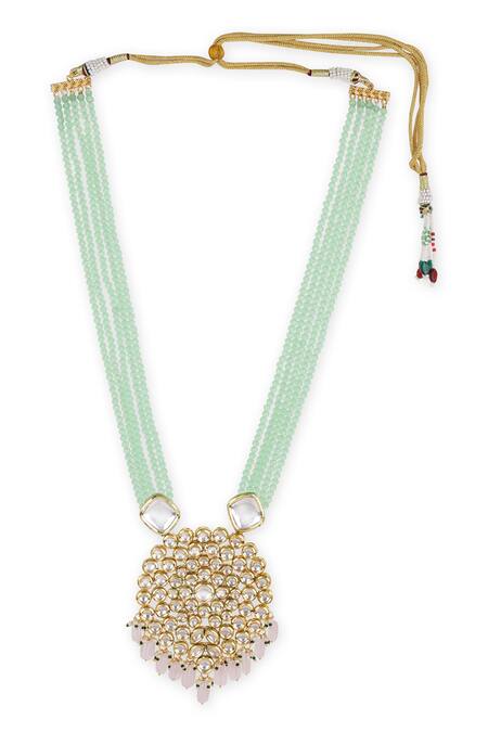 Shop Ruby Raang Green Carved Kundan Pendant Necklace Online at Aza Fashions Shop_Ruby Raang_Green Carved Kundan Pendant Necklace _Online_at_Aza_Fashions