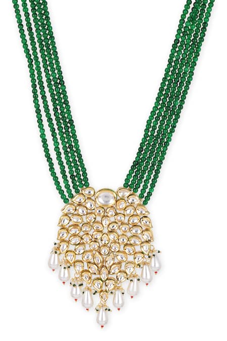 Buy_Ruby Raang_Green Gold Tone Tear-drop Kundan Pendant Necklace _Online_at_Aza_Fashions