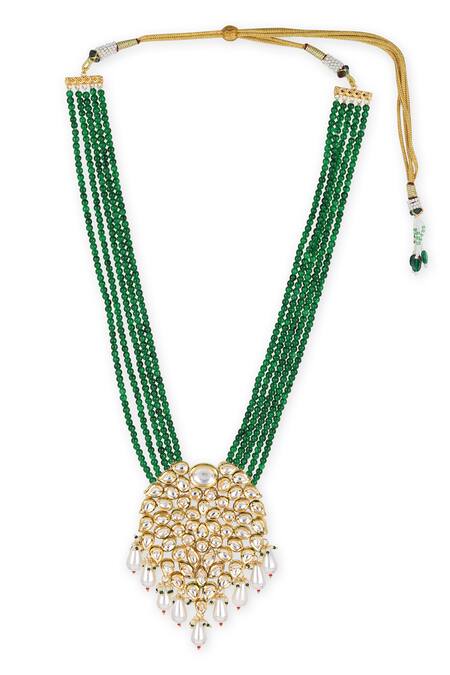 Shop_Ruby Raang_Green Gold Tone Tear-drop Kundan Pendant Necklace _Online_at_Aza_Fashions