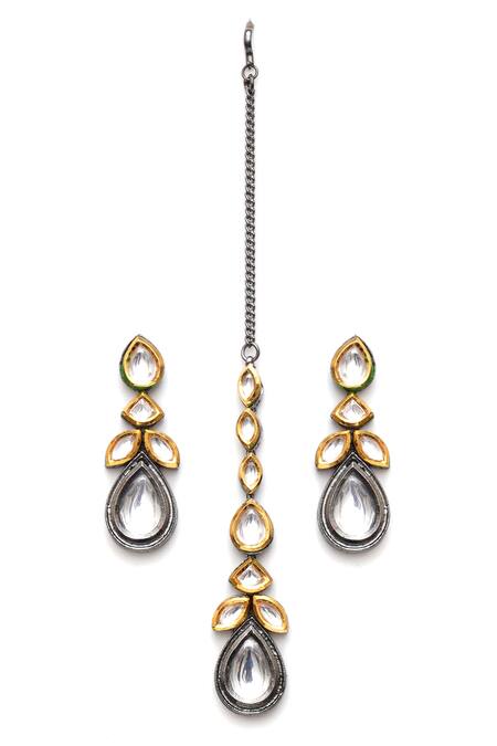 Ruby Raang_Silver Plated Diamonds, Stones Dual Kundan Drop Maangtikka With Earrings _Online_at_Aza_Fashions