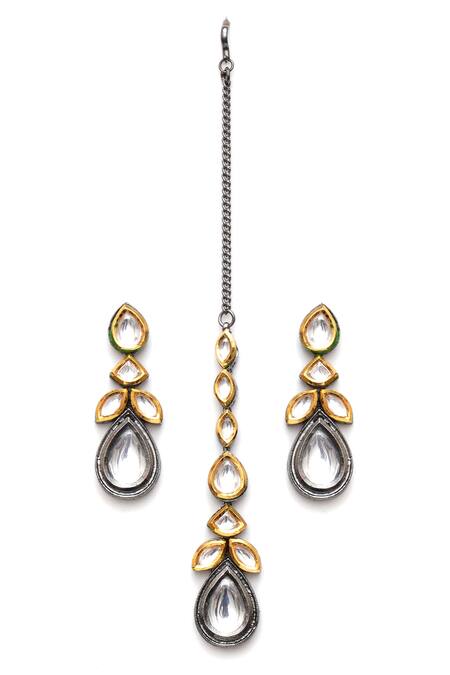 Buy Ruby Raang Silver Plated Diamonds, Stones Dual Kundan Drop Maangtikka With Earrings Online at Aza Fashions Buy_Ruby Raang_Silver Plated Diamonds, Stones Dual Kundan Drop Maangtikka With Earrings _Online_at_Aza_Fashions