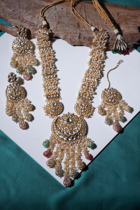 Shop Ruby Raang Gold Plated Pearls, Stones, Gota Chand Noor Kundan And Embellished Jewellery Set at Aza Fashions Shop_Ruby Raang_Gold Plated Pearls, Stones, Gota Chand Noor Kundan And Embellished Jewellery Set _at_Aza_Fashions