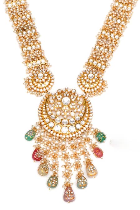 Shop Ruby Raang Gold Plated Pearls, Stones, Gota Chand Noor Kundan And Embellished Jewellery Set Online at Aza Fashions Shop_Ruby Raang_Gold Plated Pearls, Stones, Gota Chand Noor Kundan And Embellished Jewellery Set _Online_at_Aza_Fashions