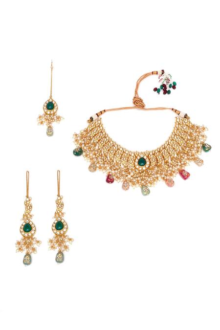Ruby Raang_Gold Plated Pearls, Stones Bahar Kundan And Embellished Jewellery Set_Online_at_Aza_Fashions