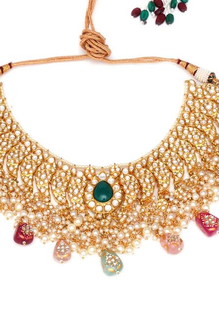 Buy_Ruby Raang_Gold Plated Pearls, Stones Bahar Kundan And Embellished Jewellery Set_Online_at_Aza_Fashions