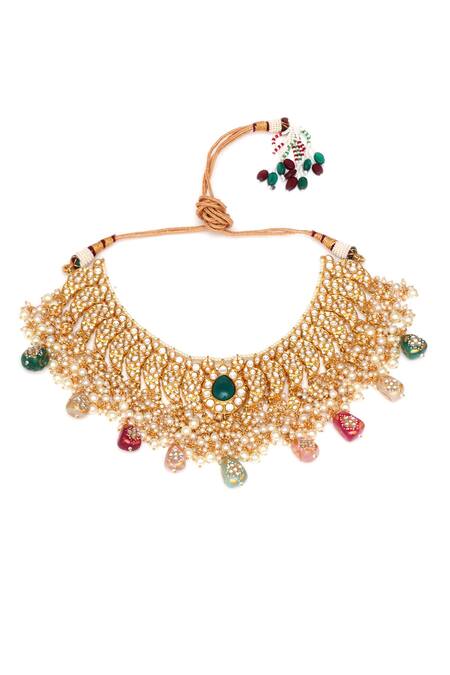 Shop_Ruby Raang_Gold Plated Pearls, Stones Bahar Kundan And Embellished Jewellery Set_Online_at_Aza_Fashions