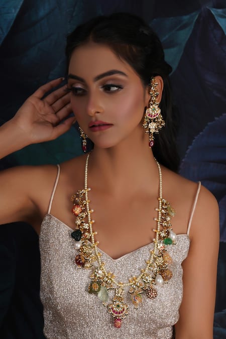 Ruby Raang Gold Plated Kundan Chand Shabnam And Stone Embellished Jewellery Set 