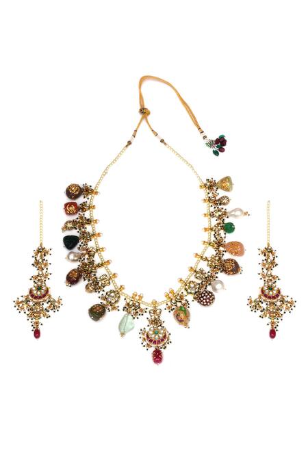 Buy_Ruby Raang_Gold Plated Pearls, Stones Chand Shabnam Kundan And Embellished Jewellery Set_Online_at_Aza_Fashions