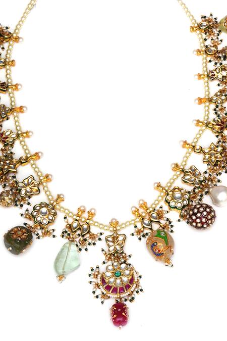 Shop_Ruby Raang_Gold Plated Pearls, Stones Chand Shabnam Kundan And Embellished Jewellery Set_Online_at_Aza_Fashions