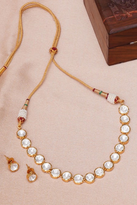 Shop Ruby Raang Gold Plated Imitation Diamonds Helix Kundan Choker With Studs at Aza Fashions Shop_Ruby Raang_Gold Plated Imitation Diamonds Helix Kundan Choker With Studs _at_Aza_Fashions