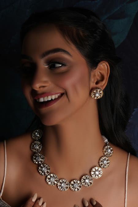 Ruby Raang Silver Plated Kundan Petal Bloom Choker With Studs 