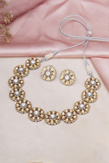 Shop Ruby Raang Silver Plated Imitation Diamonds Petal Bloom Kundan Choker With Studs at Aza Fashions Shop_Ruby Raang_Silver Plated Imitation Diamonds Petal Bloom Kundan Choker With Studs _at_Aza_Fashions