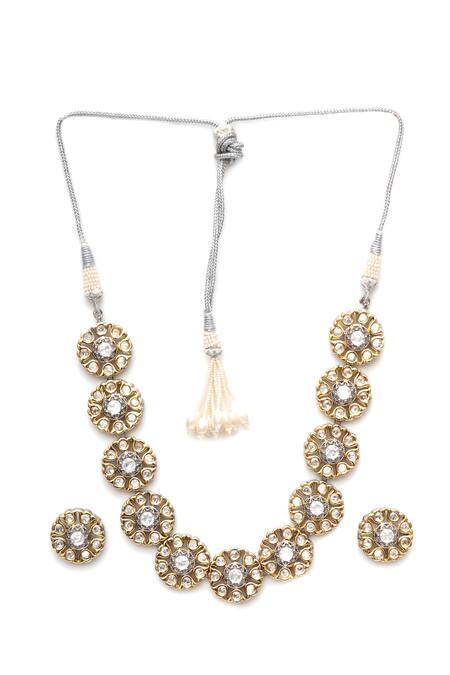 Shop Ruby Raang Silver Plated Imitation Diamonds Petal Bloom Kundan Choker With Studs Online at Aza Fashions Shop_Ruby Raang_Silver Plated Imitation Diamonds Petal Bloom Kundan Choker With Studs _Online_at_Aza_Fashions