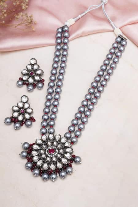 Ruby Raang Phool Kundan Long Necklace With Earrings 