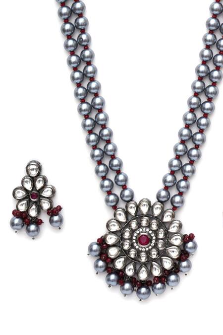 Buy_Ruby Raang_Grey Stones, Zari Phool Kundan Long Necklace With Earrings _Online_at_Aza_Fashions
