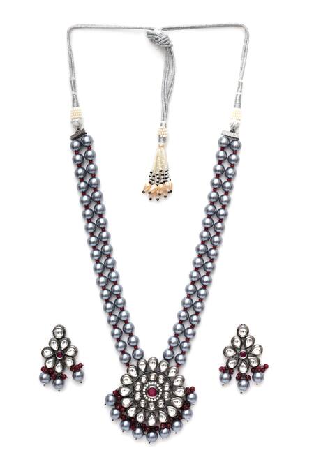 Shop_Ruby Raang_Grey Stones, Zari Phool Kundan Long Necklace With Earrings _Online_at_Aza_Fashions