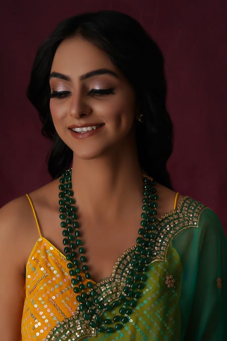 Ruby Raang Green Kundan Stone Embellished Layered Long Necklace With Studs 