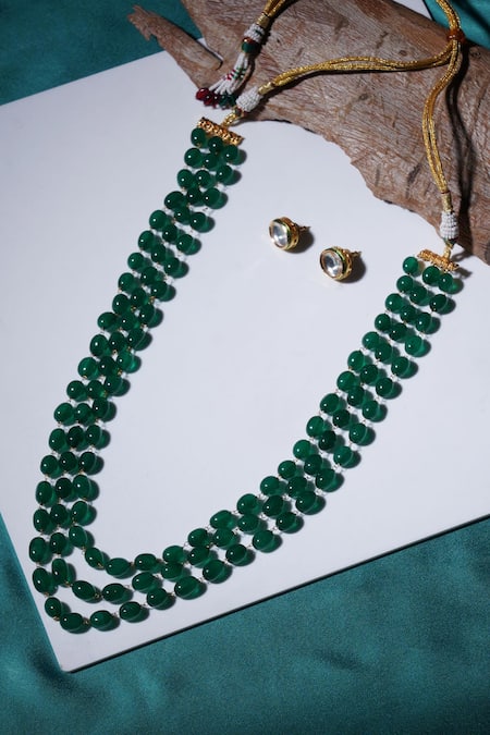 Ruby Raang Stone Embellished Layered Long Necklace With Kundan Studs 