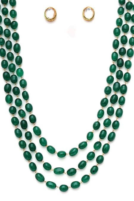 Buy_Ruby Raang_Green Stones, Cut Work Embellished Layered Long Necklace With Kundan Studs _Online_at_Aza_Fashions