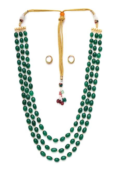 Shop_Ruby Raang_Green Stones, Cut Work Embellished Layered Long Necklace With Kundan Studs _Online_at_Aza_Fashions
