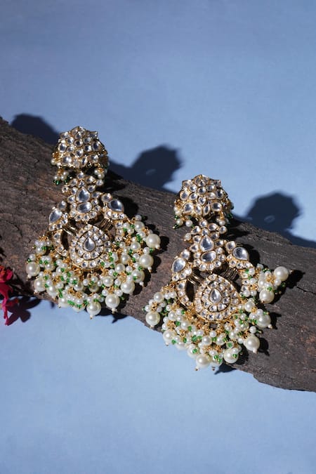 Shop Ruby Raang Gold Plated Pearls, Stones Kundan Chand Earrings at Aza Fashions Shop_Ruby Raang_Gold Plated Pearls, Stones Kundan Chand Earrings _at_Aza_Fashions