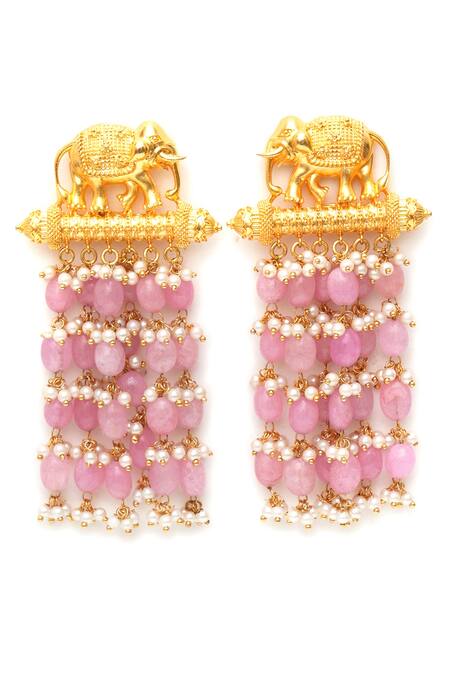 Ruby Raang_Pink Stones Elephant Motif Long Layered Danglers_Online_at_Aza_Fashions