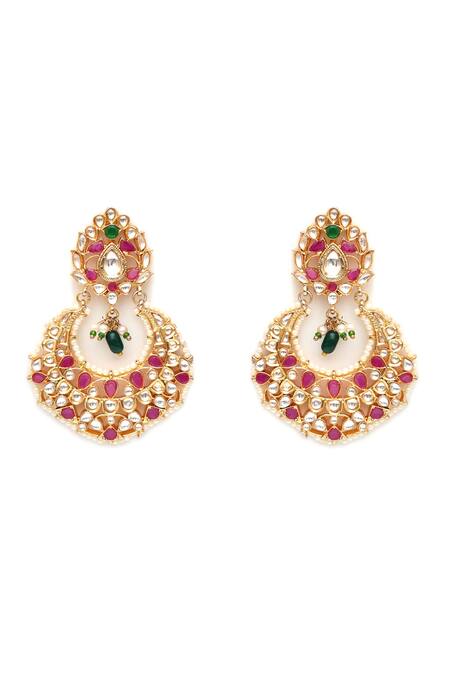 Ruby Raang_Gold Plated Pearls, Stones, Zari Kundan Bloom Crest Earrings_Online_at_Aza_Fashions