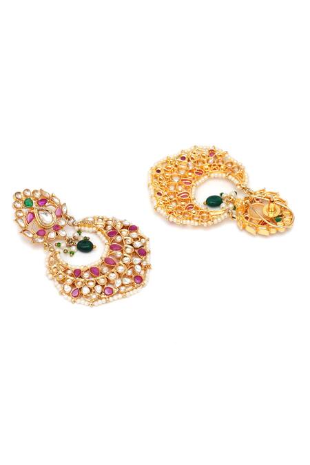 Buy_Ruby Raang_Gold Plated Pearls, Stones, Zari Kundan Bloom Crest Earrings_Online_at_Aza_Fashions