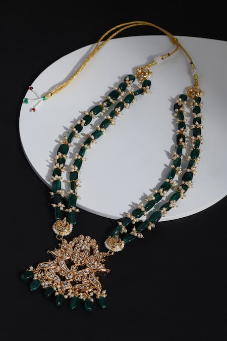 Shop Ruby Raang Green Floral Carved Pendant Necklace at Aza Fashions Shop_Ruby Raang_Green Floral Carved Pendant Necklace _at_Aza_Fashions