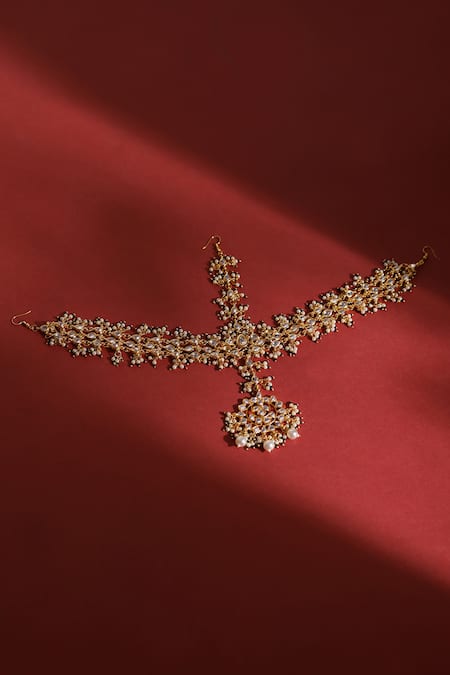 Shop Ruby Raang Gold Plated Kundan Embellished Mathapatti at Aza Fashions Shop_Ruby Raang_Gold Plated Kundan Embellished Mathapatti _at_Aza_Fashions