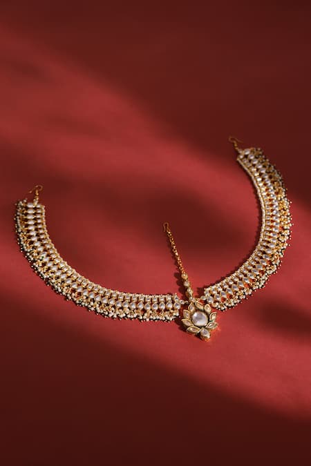 Shop Ruby Raang Gold Plated Bead Embellished Cutwork Mathapatti at Aza Fashions Shop_Ruby Raang_Gold Plated Bead Embellished Cutwork Mathapatti _at_Aza_Fashions