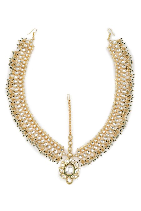 Ruby Raang Gold Plated Bead Embellished Cutwork Mathapatti Online at Aza Fashions Ruby Raang_Gold Plated Bead Embellished Cutwork Mathapatti _Online_at_Aza_Fashions