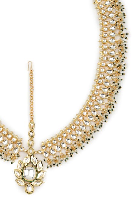 Buy Ruby Raang Gold Plated Bead Embellished Cutwork Mathapatti Online at Aza Fashions Buy_Ruby Raang_Gold Plated Bead Embellished Cutwork Mathapatti _Online_at_Aza_Fashions