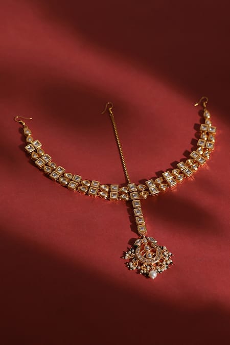 Shop Ruby Raang Gold Plated Kundan Embellished Mathapatti at Aza Fashions Shop_Ruby Raang_Gold Plated Kundan Embellished Mathapatti _at_Aza_Fashions
