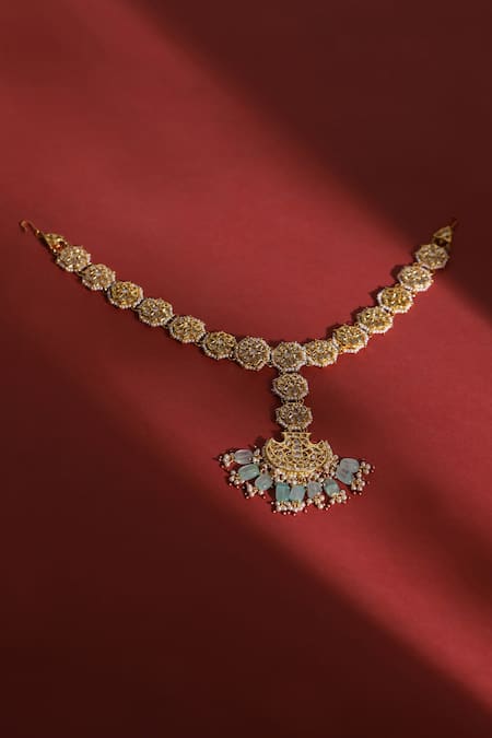 Shop Ruby Raang Gold Plated Kundan Embellished Mathapatti at Aza Fashions Shop_Ruby Raang_Gold Plated Kundan Embellished Mathapatti _at_Aza_Fashions