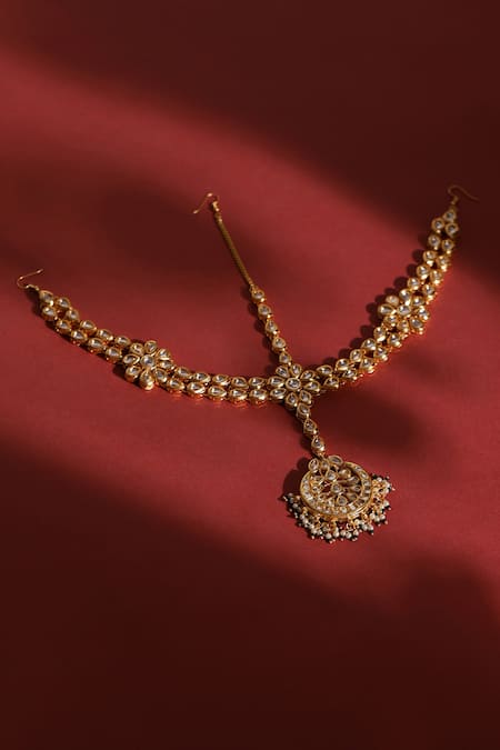 Shop Ruby Raang Gold Plated Kundan Embellished Mathapatti at Aza Fashions Shop_Ruby Raang_Gold Plated Kundan Embellished Mathapatti _at_Aza_Fashions