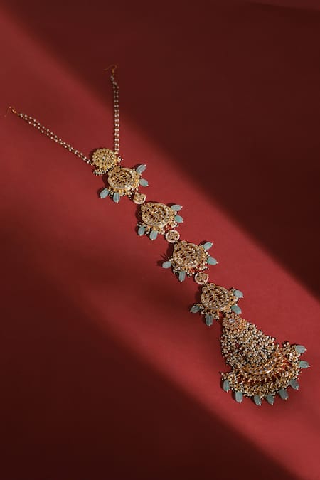 Shop Ruby Raang Gold Plated Bead And Kundan Embellished Braid at Aza Fashions Shop_Ruby Raang_Gold Plated Bead And Kundan Embellished Braid _at_Aza_Fashions