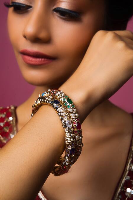 Queens Jewels_Multi Color Pearls, Zari Regal Embellished Bangles - Set Of 2 _Online_at_Aza_Fashions