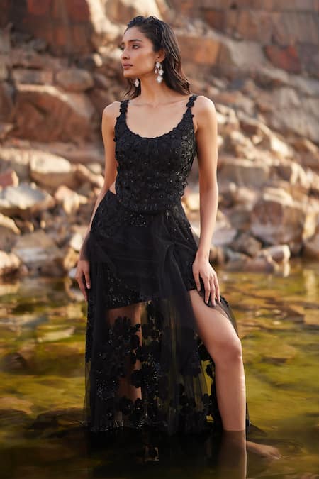 Shop_Mishru_Black Tulle Sequins, Applique, Kinsley 3d Floral Crop Top And Skirt Set _at_Aza_Fashions