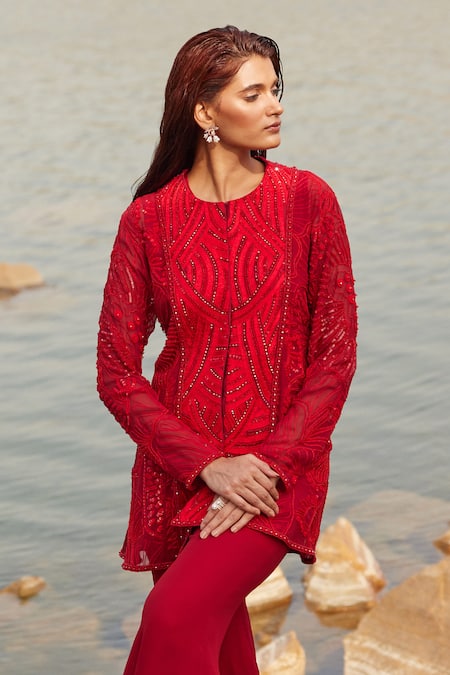 Mishru Lyla Line Embroidered Kurta & Flared Pant Set 
