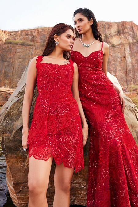 Mishru_Red Tulle Sequins, Mirrors, Beads Asymmetric Moana Floral Embroidered Dress _Online_at_Aza_Fashions