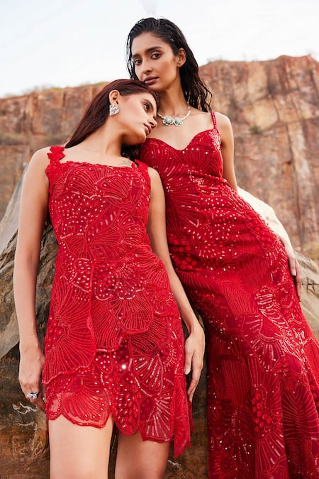Buy_Mishru_Red Tulle Sequins, Mirrors, Beads Asymmetric Moana Floral Embroidered Dress _Online_at_Aza_Fashions