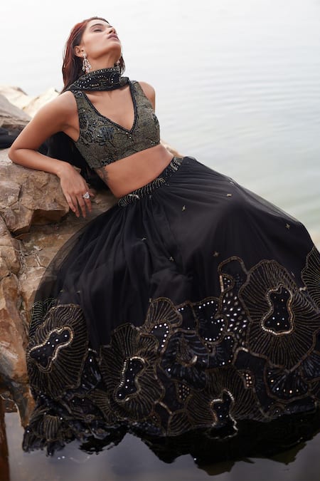 Shop Mishru Black Tulle Beads, Sequins, Ara Waistband Embroidered Pleated Lehenga Set at Aza Fashions Shop_Mishru_Black Tulle Beads, Sequins, Ara Waistband Embroidered Pleated Lehenga Set _at_Aza_Fashions