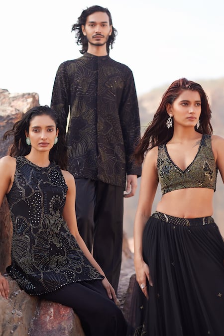 Mishru Black Tulle Beads, Sequins, Ara Waistband Embroidered Pleated Lehenga Set Online at Aza Fashions Mishru_Black Tulle Beads, Sequins, Ara Waistband Embroidered Pleated Lehenga Set _Online_at_Aza_Fashions