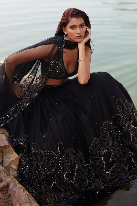 Shop Mishru Black Tulle Beads, Sequins, Ara Waistband Embroidered Pleated Lehenga Set Online at Aza Fashions Shop_Mishru_Black Tulle Beads, Sequins, Ara Waistband Embroidered Pleated Lehenga Set _Online_at_Aza_Fashions