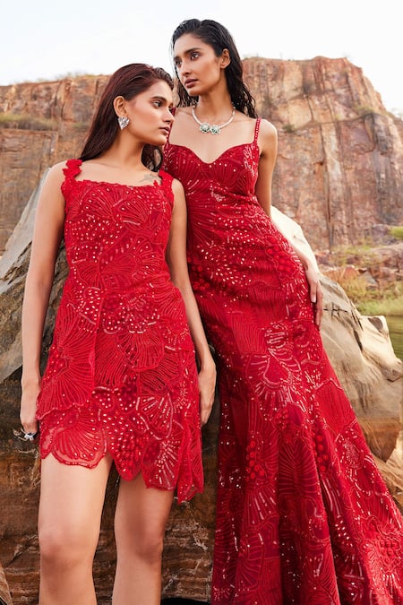 Mishru_Red Organza, Tulle Sequins Sweetheart Neck Celina Embroidered Gown With Cape _at_Aza_Fashions