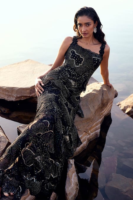 Mishru_Black Tulle Sequins, Beads Asymmetric Zailey Sea Embroidered Layered Gown _Online_at_Aza_Fashions